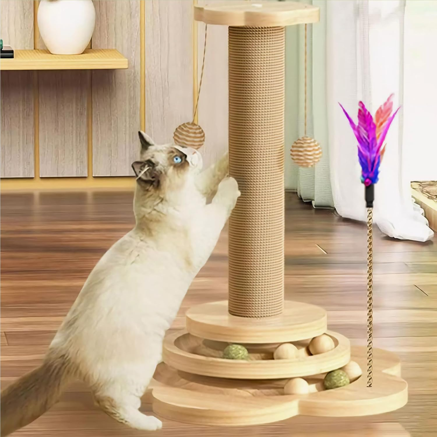 Cat Scratching Post 50 CM with Dangling Ball and Cat Teaser, Cat Scratcher Kitten Toys for Indoor Cats Wooden Ball Track, Scratch Post Interactive Toy