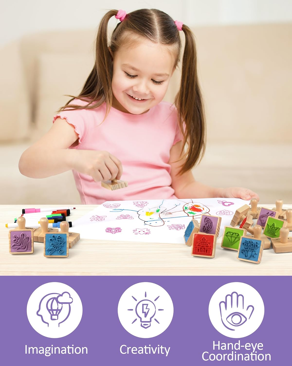 Coogam Wooden Stamp for Girls Friendship, 20Pcs Color Shape Unicorn Butterfly Mermaid Stamp Set with Markers, DIY Arts Crafts Printing Stamping Party Favor Toy for 3 4 5 Year Old Kids image number 1