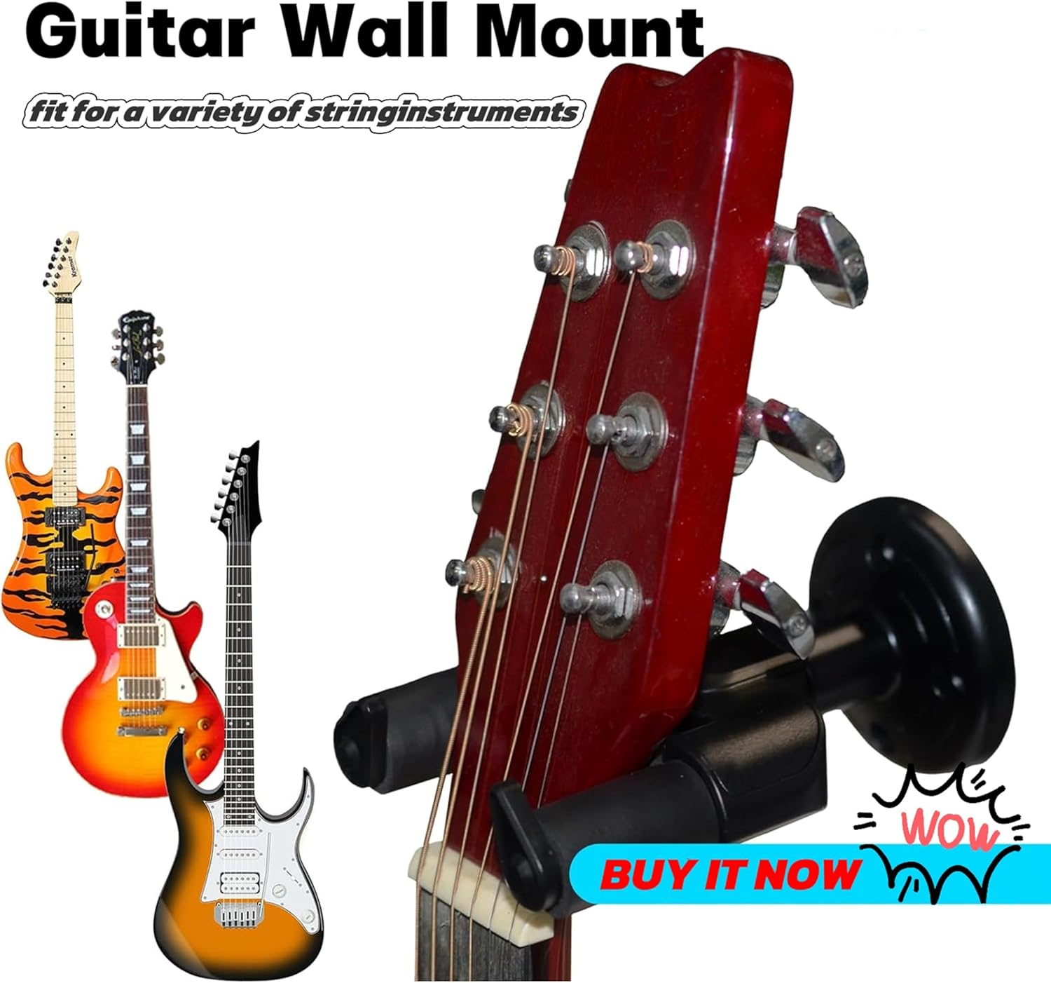 2 Pack Guitar Wall Stands, Universal Guitar Hanger, Auto Lock U-Shaped Guitar Wall Hanger, ABS Plastic, Black, Modern Style, 4 Hooks, Wall Mount, Concrete, Wood image number 5