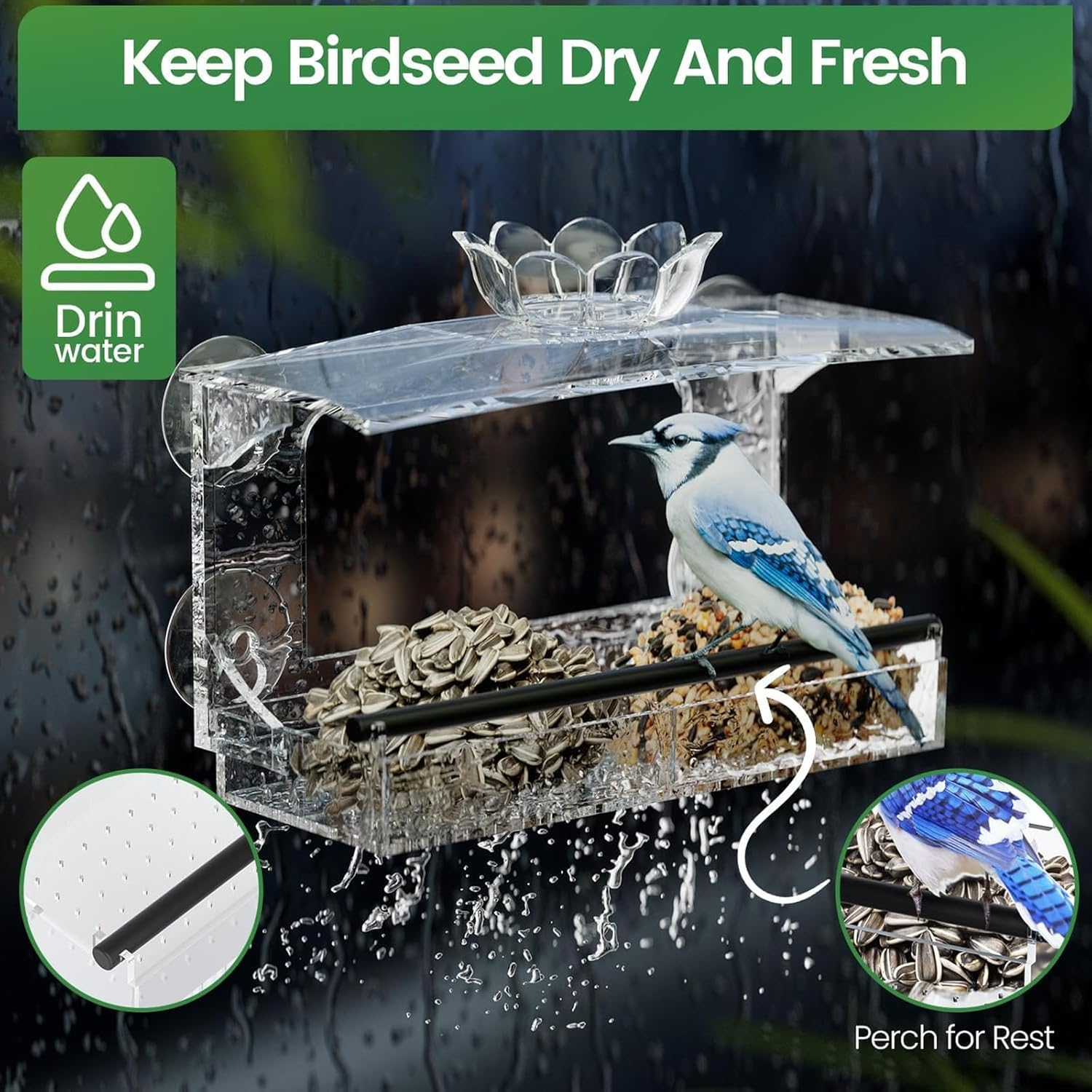Goyuhome Clear Window Bird Feeder - Featuring Self-Adhesive Hooks & Easy-Clean Tray, Transparent Acrylic Outdoor Birdhouse for Wild Bird Watching, Ideal outside Gardening Gifts image number 2