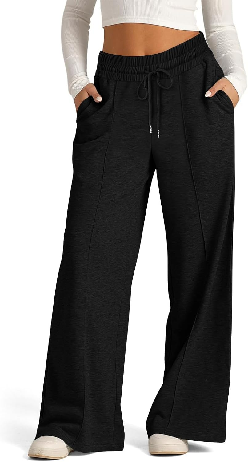 Wide Leg Sweatpants for Women Baggy Elastic High Waisted Yoga Pants Cozy Casual Loose Fit Long Trousers with Pockets