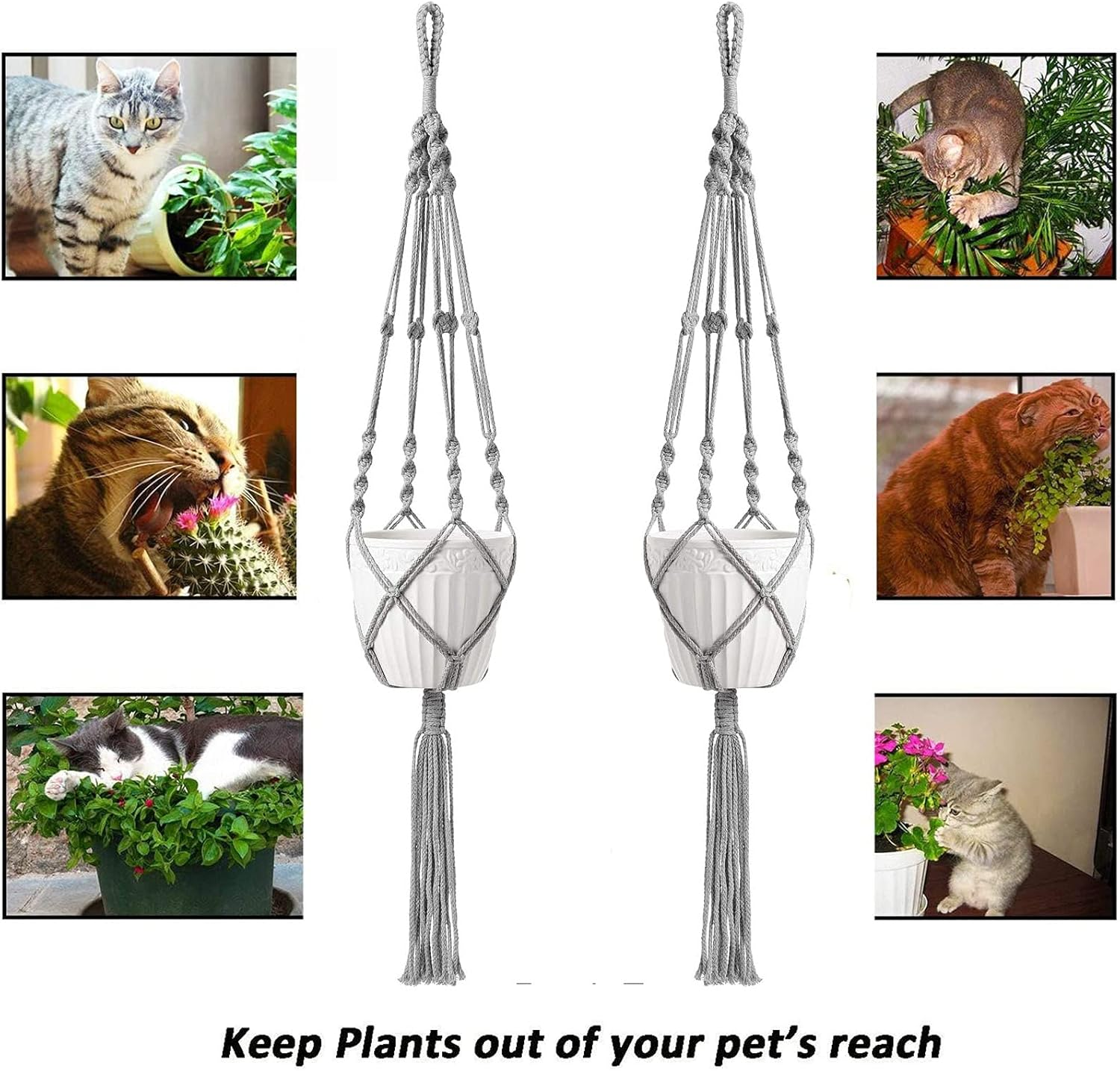 Macrame Plant Hanger 3 Pack Indoor Outdoor Hanging Planter Basket Rope 41 Inch Wall Hanging Planters Basket Cotton Rope No Beaded Tassel Ceiling Plant Hanger with 6 Hooks Boho Home Terrace Decor -Grey