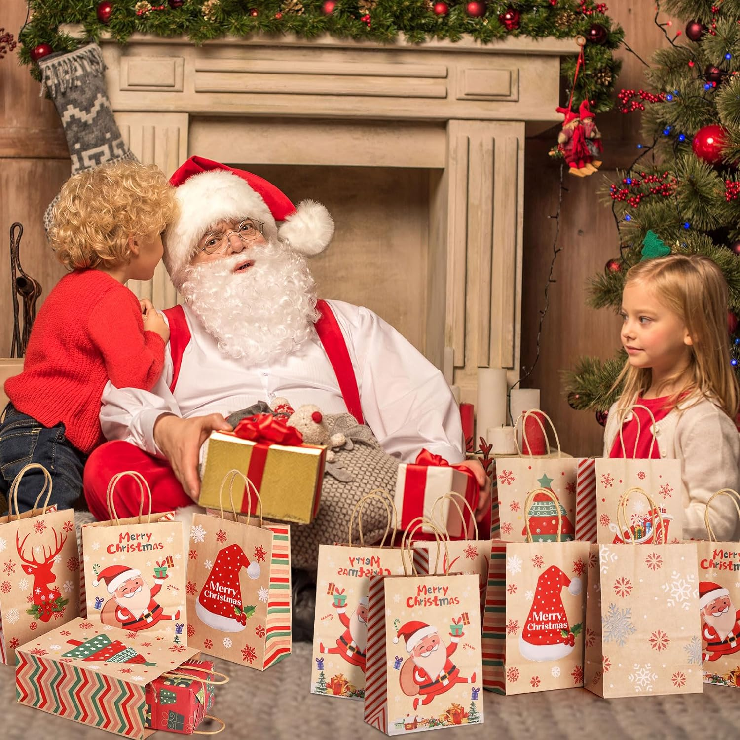 24 Pcs Christmas Kraft Gift Bags, Geeric Xmas Paper Bags Bulk with Handles Party Bags Christmas Candy Treat Bag Gift Bags for Xmas Gift Wrapping Christmas Party Santa Claus,Snowflake,Elk Print Pattern - Color2 image number 7