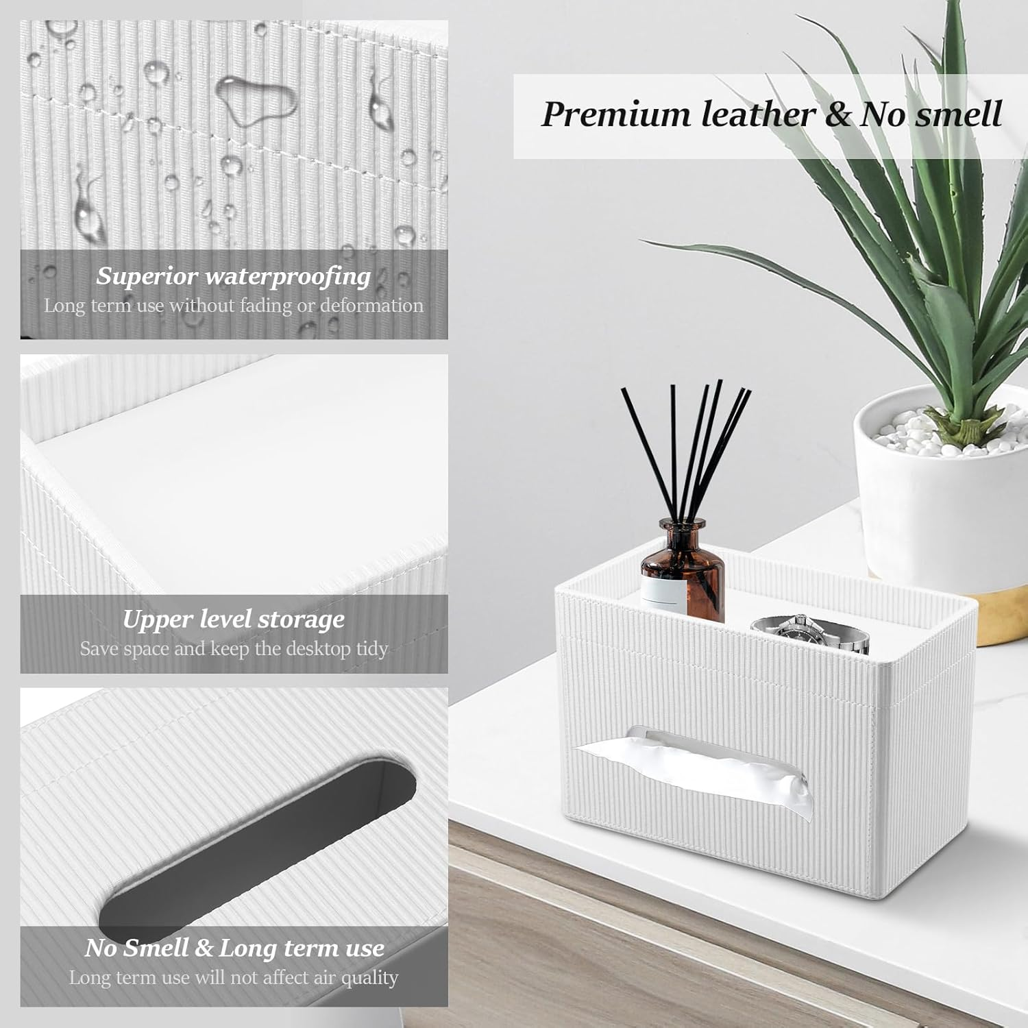 Rectangular Tissue Box Cover Tissue Box Holder with Storage Tray 2 Tier PU Leather Facial Paper Organizer Modern Tissue Holder Decorative Organizer for Bathroom Bedroom Office Desk (White, 1Pc)