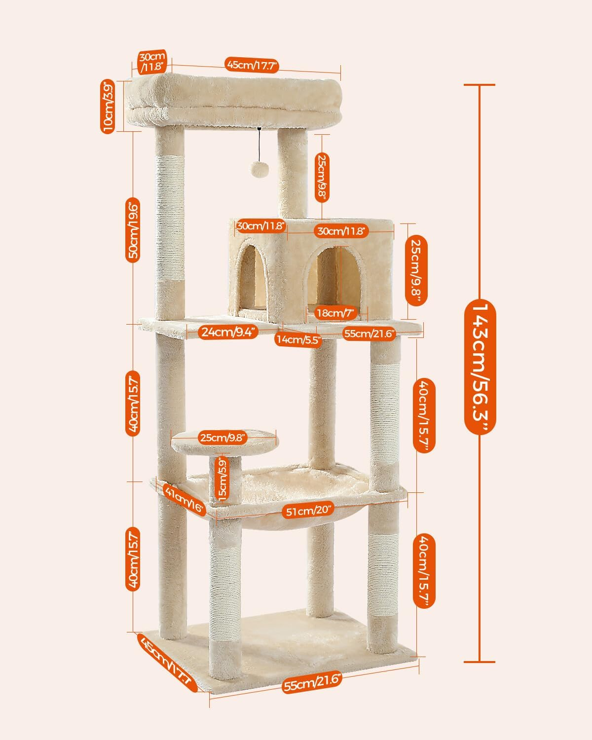 PAWZ Road Cat Tree 143Cm Cat Scratching Post Multi-Level Play Tower with a Large Hammock and Top Perch Home Pet Furniture Beige image number 4