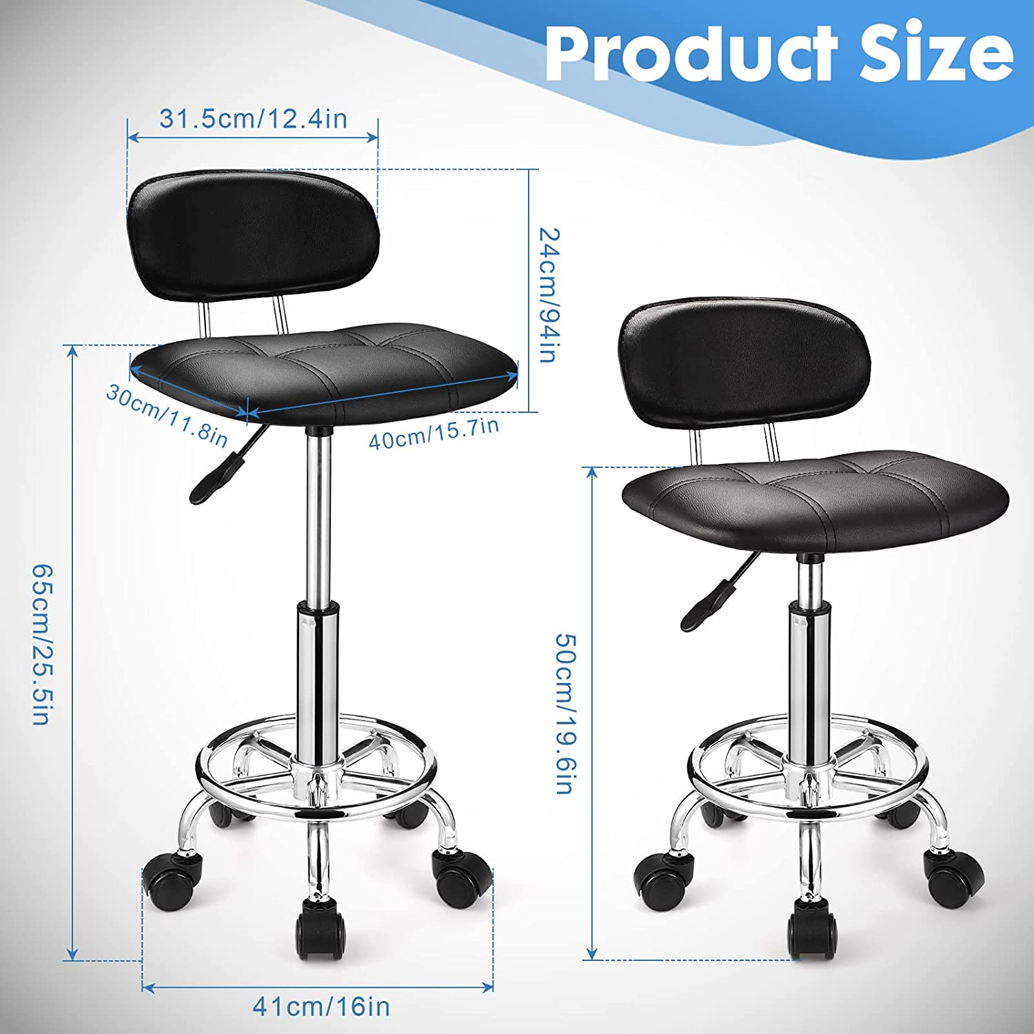 Square Rolling Stools with Backrest Height Adjustable Swivel Stool with Wheels Black image number 1