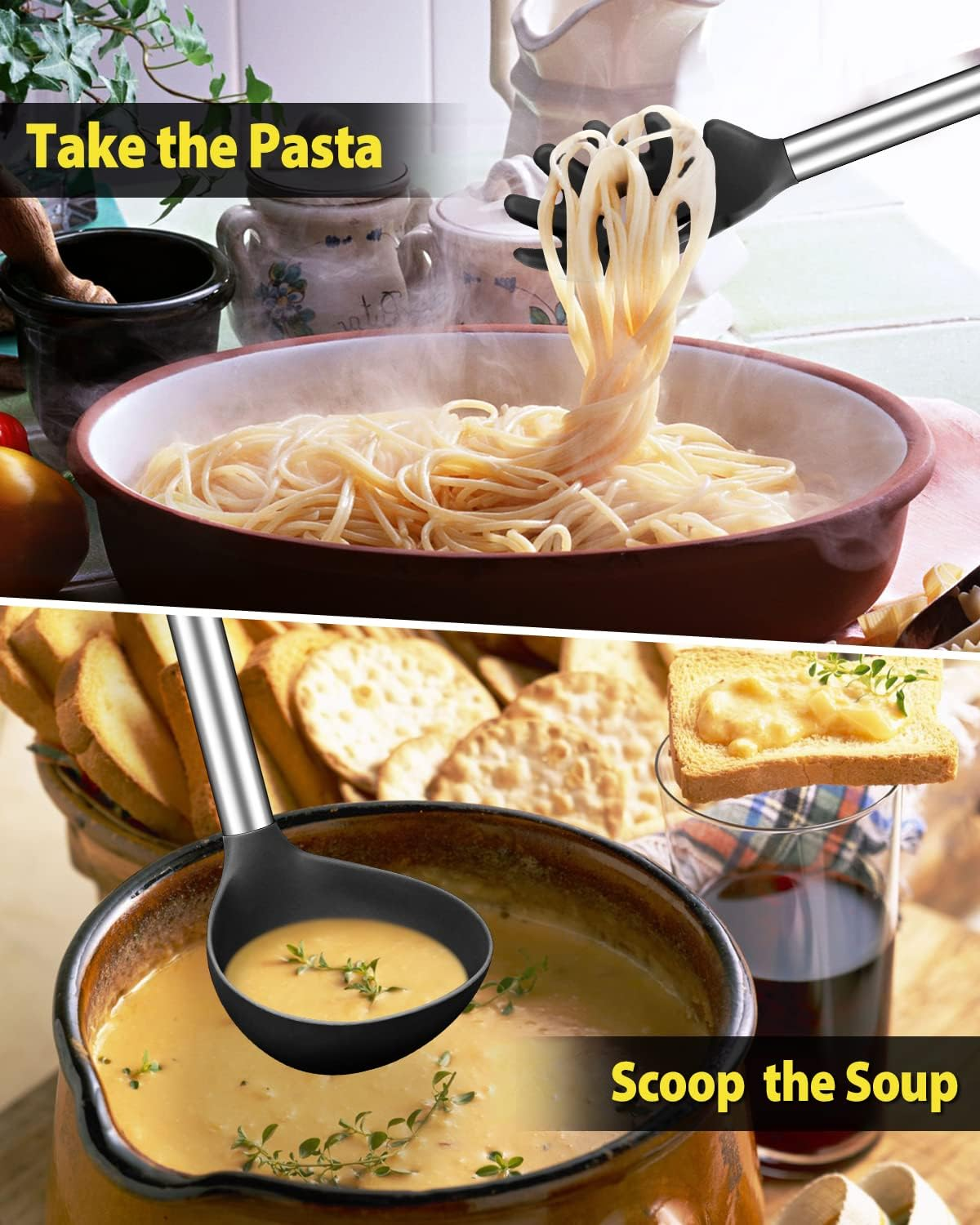 Silicone Pasta Fork and Soup Ladle Set, Non-Stick BPA Free Heat-Resistant Handy Kitchen Utensils for Cooking, Serving, Draining, Stirring (Black) image number 4