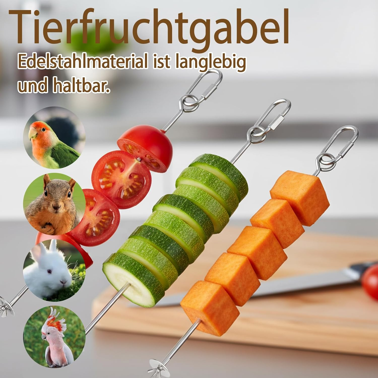 Hcvgcm Budgie Toy, 3 Stainless Steel Fruit Skewers with 3 Hooks, Budgies Cage, Parrot Toy, Safe and Durable Feeder for Budgies, Cockatiels and Small Birds image number 1