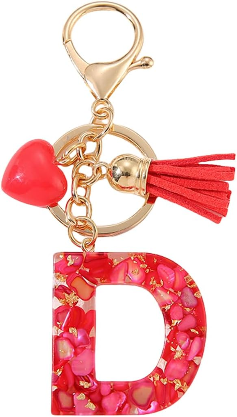 Gierzijia Red Stone Love Tassel A-Z Alphabet Resin Keychain, Initial Letter Key Ring Accessories Bag Charms