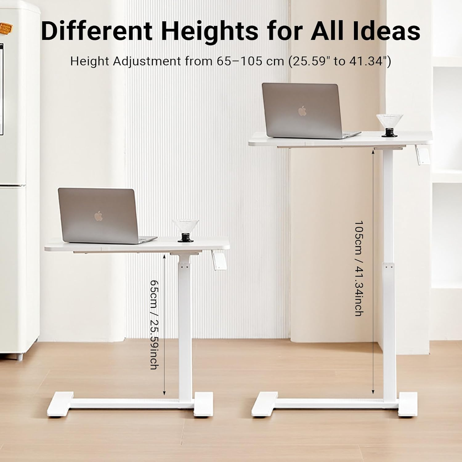 Xmart Adjustable Overbed Table with Wheels, Pneumatic Height Adjustable Mobile Desk, Bed Bedside Table for Laptop, Home, Office, Medical Use - White (36&times;68Cm) image number 4