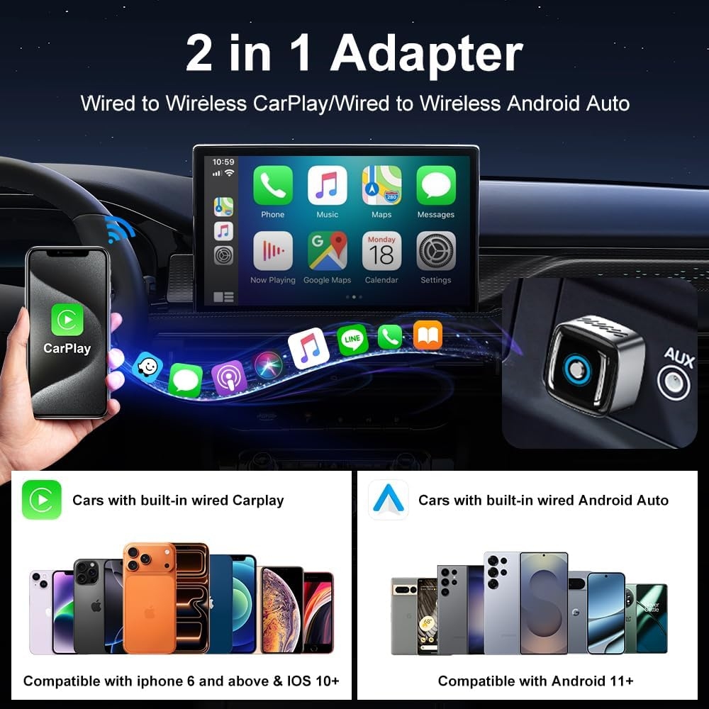 2026 Mini Wireless Carplay Adapter for Apple and Android, Support Two Devices Switch Effortlessly, Efficient Dissipation, 3-5S Fast Connect, No Delay, Compact Design Carplay for 2016+ Cars image number 1