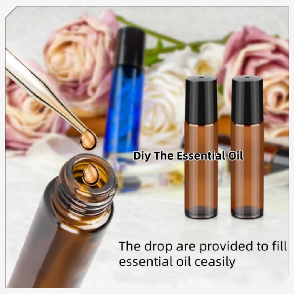 6 Pack Roll on Bottles, 5Ml/10Ml Roller Bottles for Essential Oils, Amber Thick Glass Roller Bottles for Oils, with Stainless Steel Roller Balls, 2 Droppers image number 3