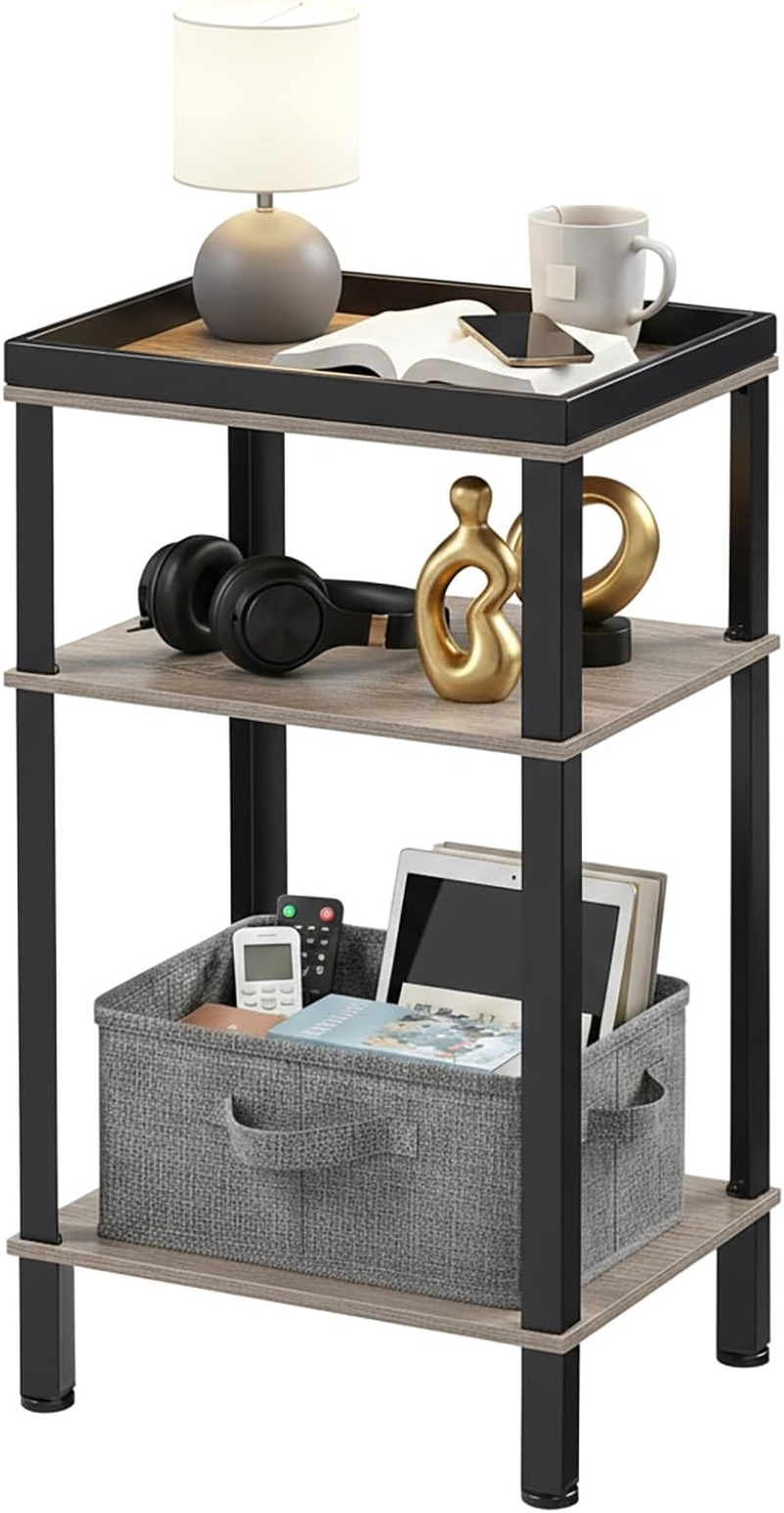 Side Table for Small Spaces,3 Tier End Table with Metal Tabletop Tray Storage Shelf, Small Narrow Thin End Table Bedside Table,Nightstand for Hallway,Living Room,Bedroom, Office (Grey)