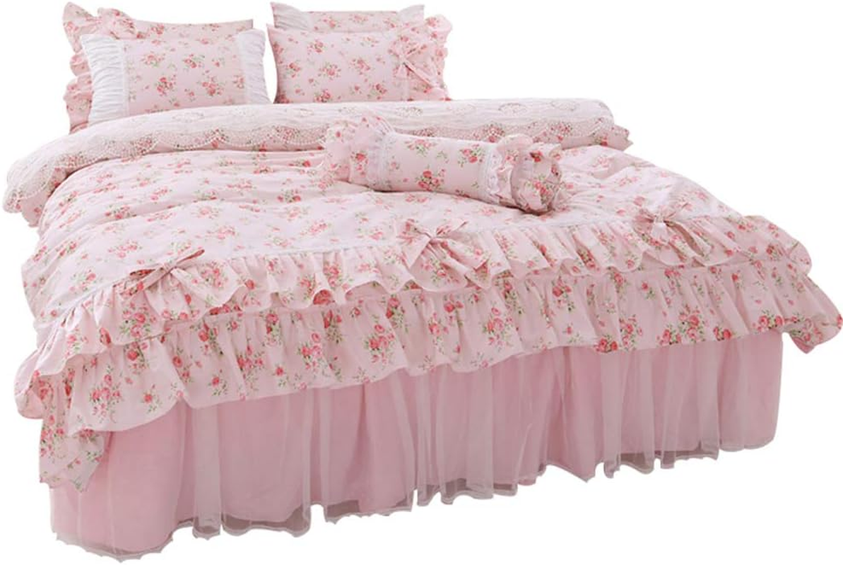 LELVA Girls Bedding Set Lace Ruffle Duvet Cover Sets with Bed Skirt Princess Bedding Set Vintage Floral Print Duvet Cover Twin Size 4 Piece (King, White)