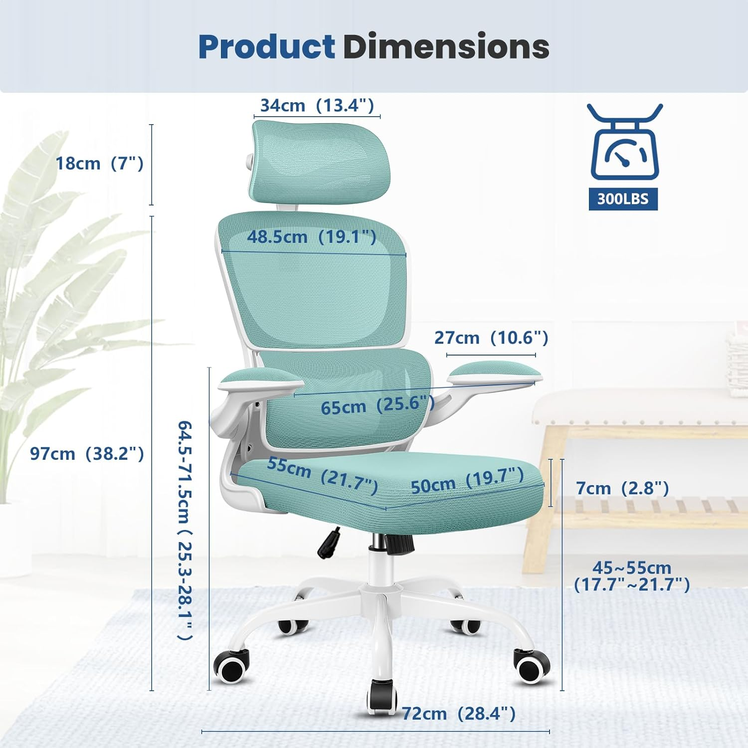 Razzor Ergonomic Office Chair, High Back Mesh Desk Chair with Lumbar Support and Adjustable Headrest, Computer Gaming Chair, Executive Swivel Chair for Home Office, Rz2202H-Mint Green image number 3