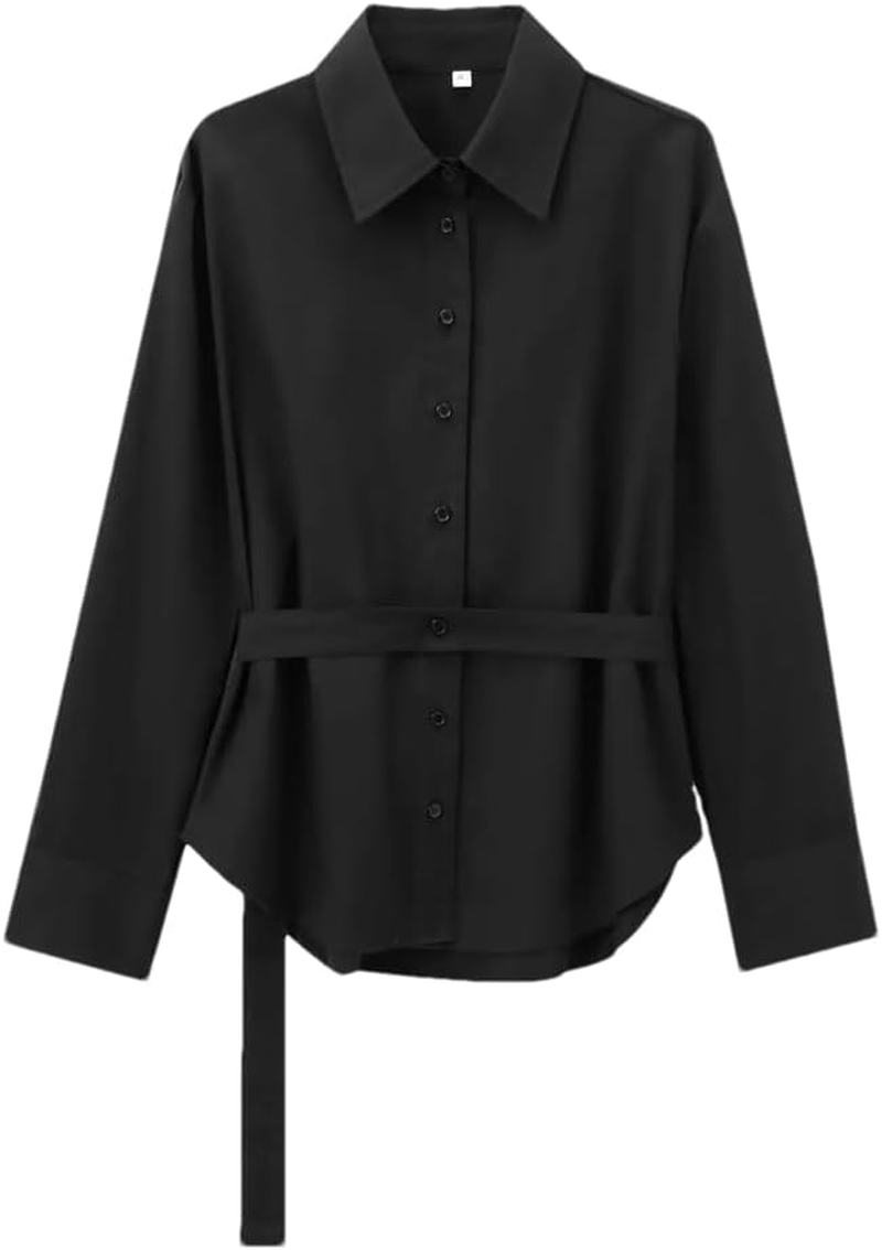 Womens Solid Color Fitted Belt Shirt Loose Casual Long Sleeve Top Button down Office Work Blouse