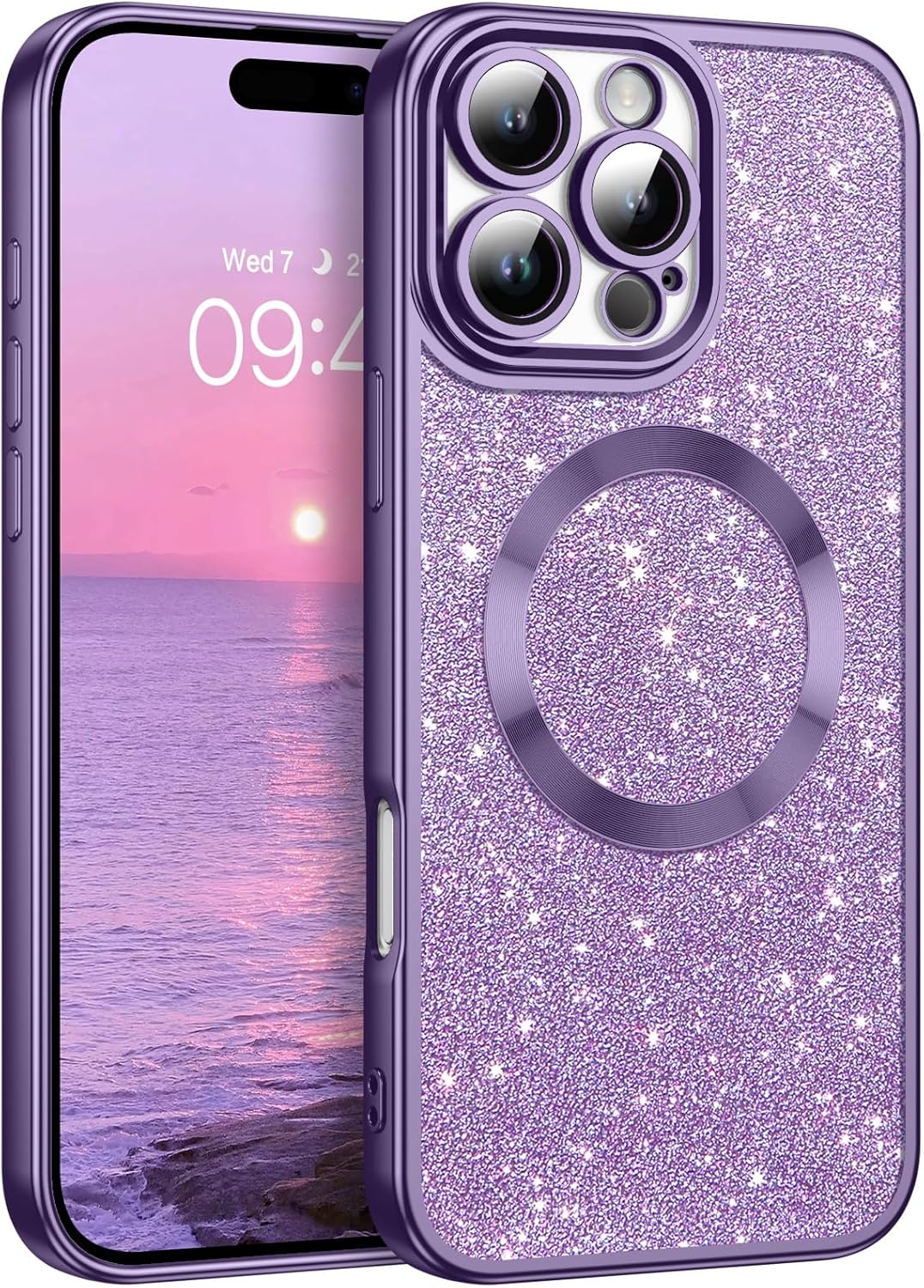 Gaobao Magnetic for Iphone 16 Pro Max Case, [Compatible with Magsafe] Luxury Sparkle Shiny Full Body Protective Slim Fit Phone Cases Covers for Iphone 16 Pro Max 6.9 Inch 2024, Purple Glitter image number 2