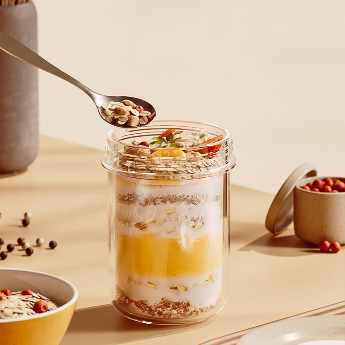 Kitment 6Pack Overnight Oats Container Jars, Oatmeal Containers with Handle, 15Oz/430Ml Glass Mason Airtight Jars for Cereal, Yogurt, Milk, Vegetable, Fruit, Salad