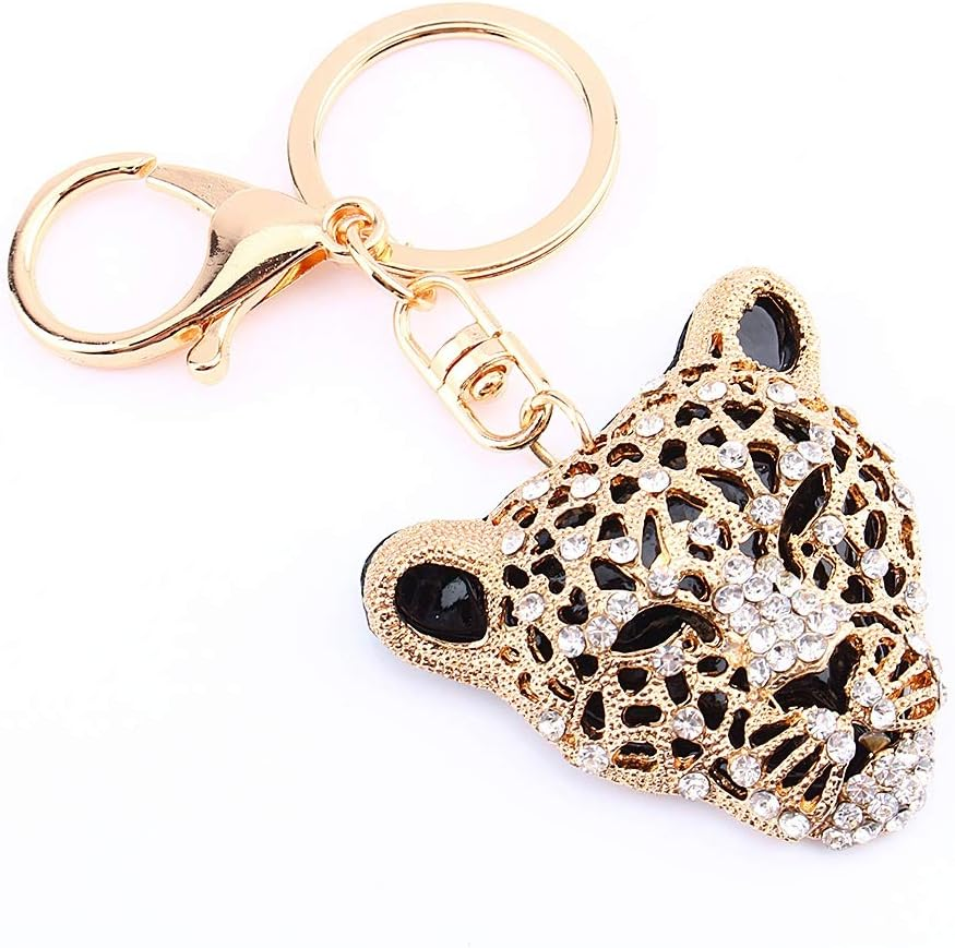 Haosie Leopard Bag Pendant, 5.1&times;5Cm Leopard Charm, Gold Rhinestone Keychain Cute Cheetah Head Purse Key Ring Chain Sparkling Crystal Charming Decoration Adornment for Wallets Handbags Lady Girlfriend, Gold, Small image number 3