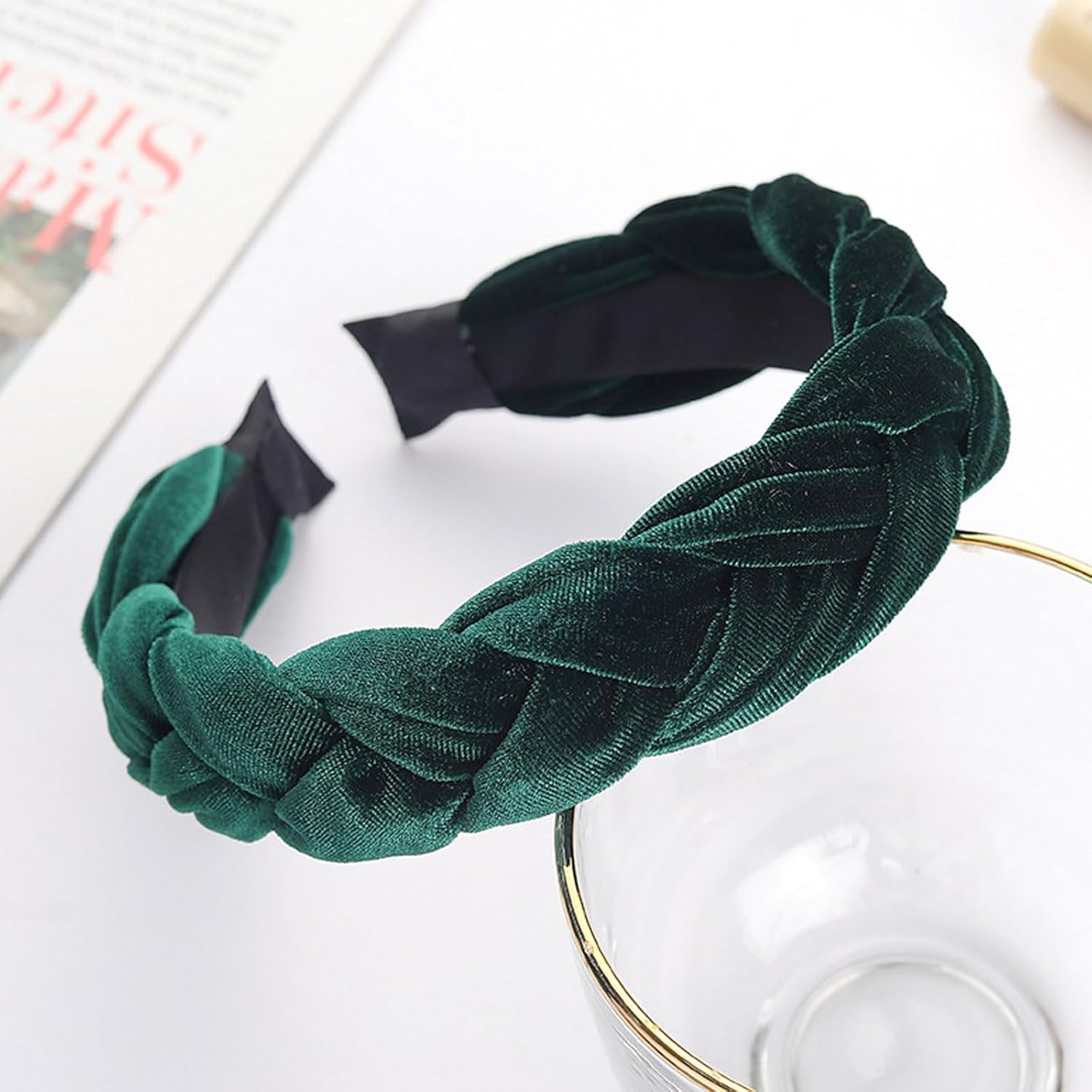 SSKHE Velvet Braided Headband, Vintage Headband for Women and Girls, Green, Fashion Headbands for Women image number 1