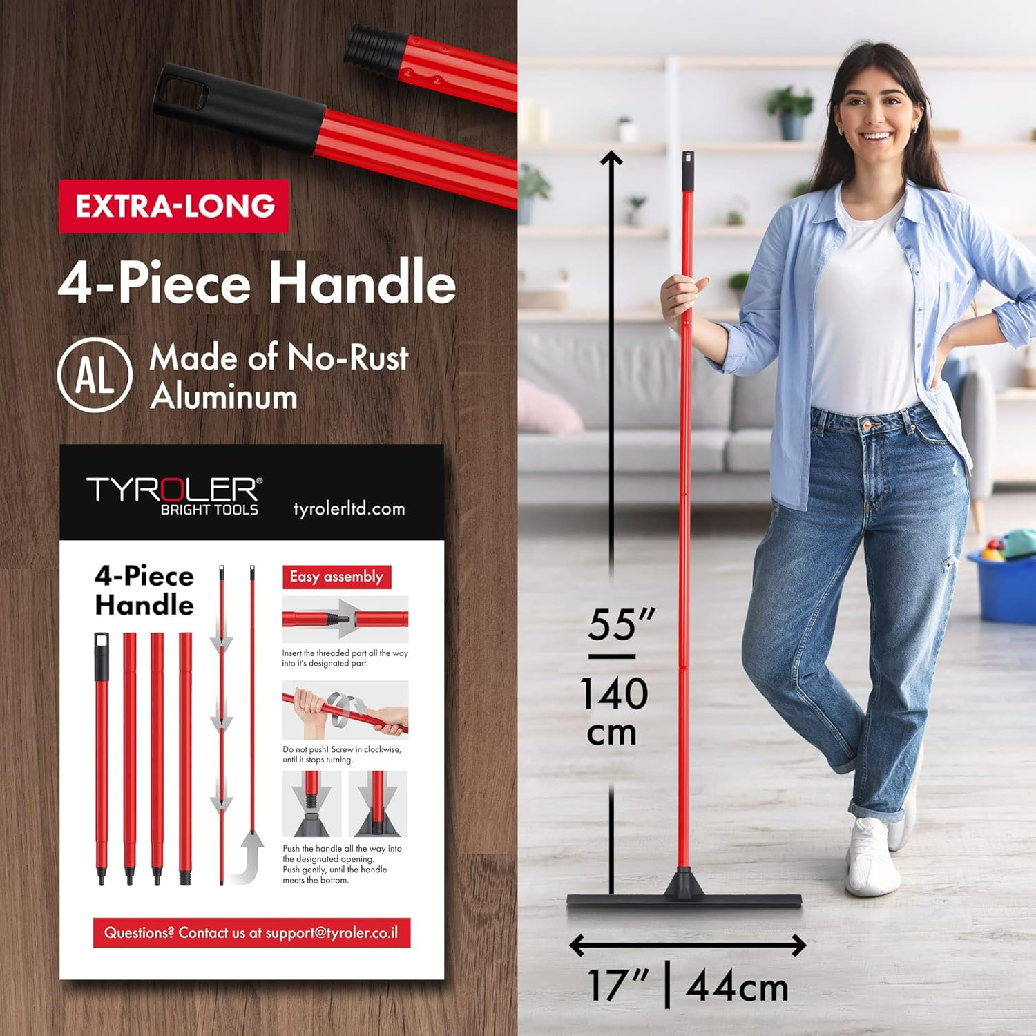 Tyroler Push & Pull Squeegee | 44Cm Rubber Head | 140Cm Anti-Rust Handle | 100% Natural Rubber | Aluminum 4-Piece Handle | Floor Squeegee Perfect for Hardwood, Marble, Tile, Garage, Indoor/Outdoor image number 4