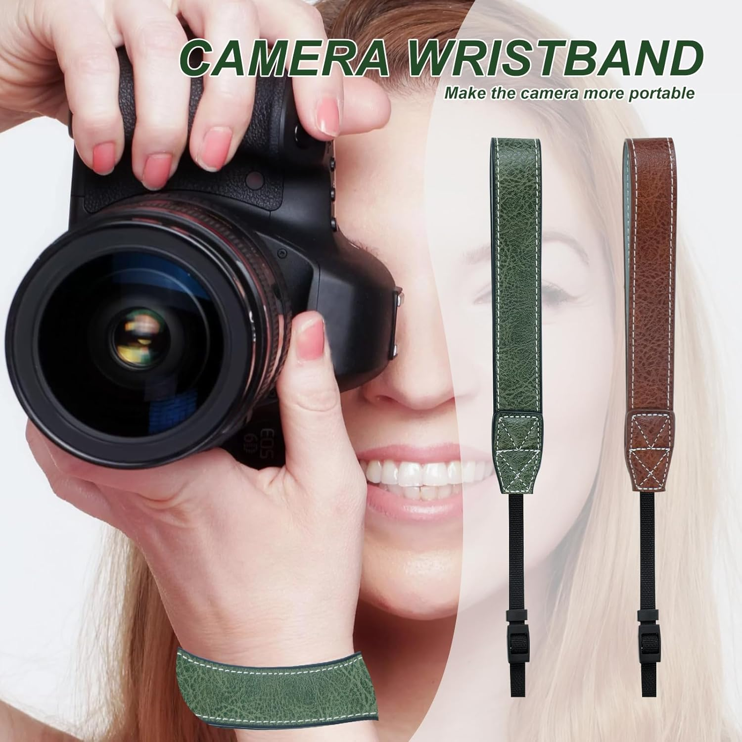 Camera Hand Strap, Adjustable Camera Strap, Universal Camera Strap, Leather Camera Strap, Hand Strap, Camera Accessory for Most Cameras Such as Sony, Canon, Nikon, Fuji (Brown and Green, Pack of 2), image number 4