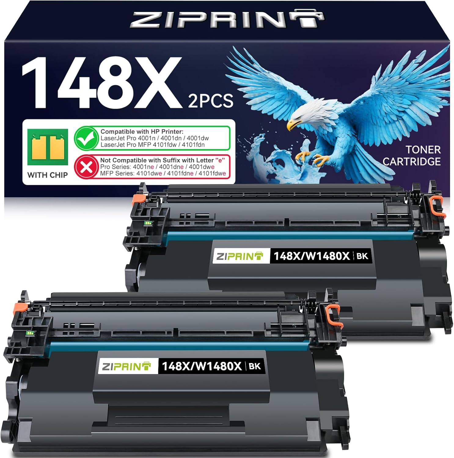 ZIPRINT 148X Black High Yield Toner Cartridge (With Chip) Compatible Replacement for HP 148X 148A W1480X W1480A for Laserjet Pro MFP 4101Fdw 4101Fdn 4001Dw 4001Dn 4001N (2 Pack)