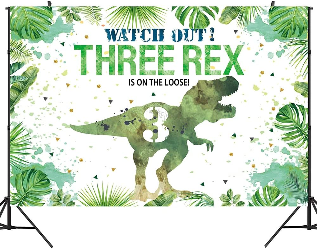 Hilioens 7&times;5Ft Three-Rex Birthday Backdrop for Boys Dinosaur 3Rd Birthday Green Leaf Background 3 Years Old Dinosaur Theme Party Banner Decorations