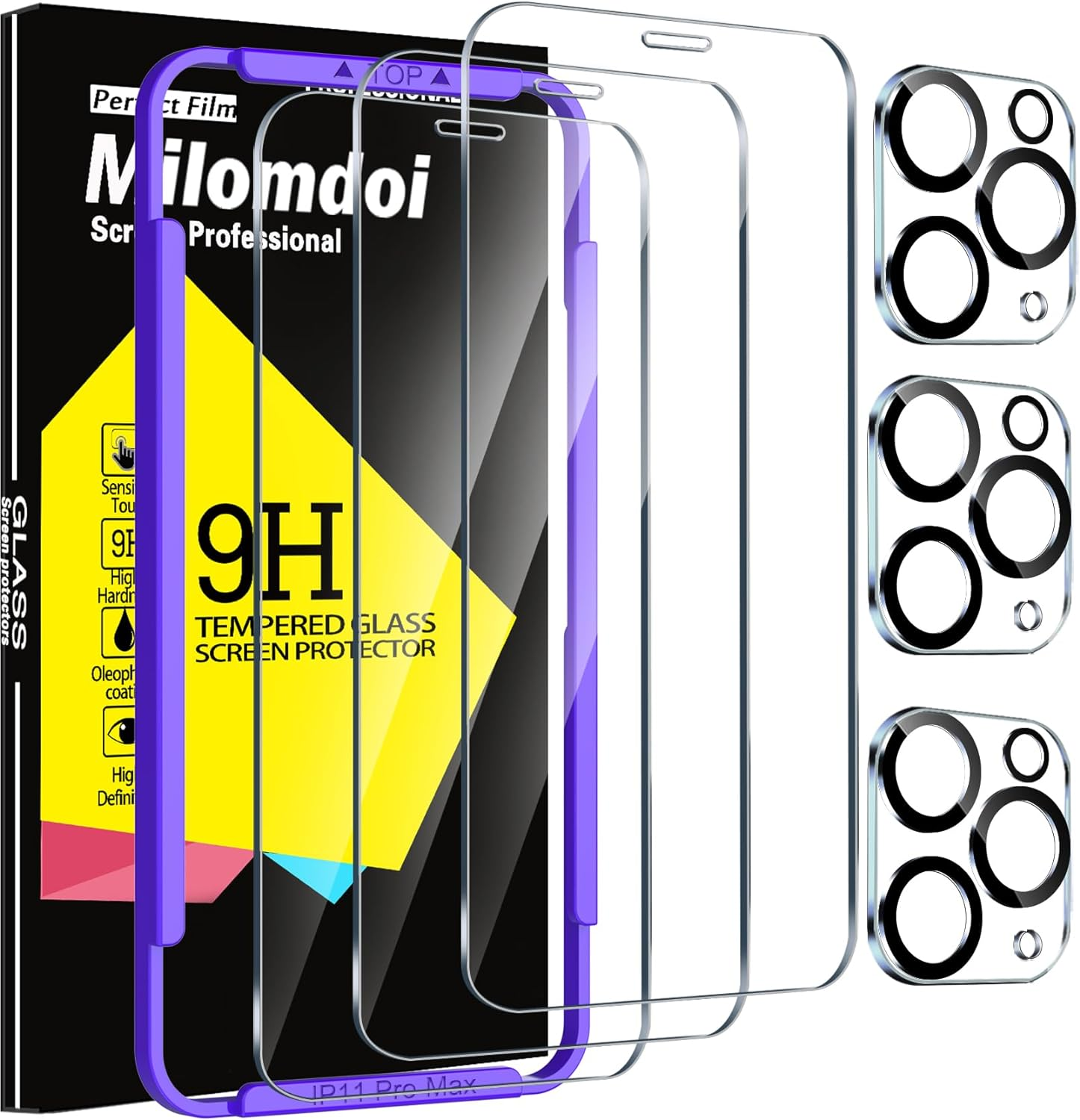 Milomdoi 3 Pack Screen Protector for Apple Iphone 11 Pro Max with 3 Pack Tempered Glass Camera Lens Protector, Ultra 9H Accessories, Case Friendly, Mounting Frame, 2.5D Curved, Transparent image number 1
