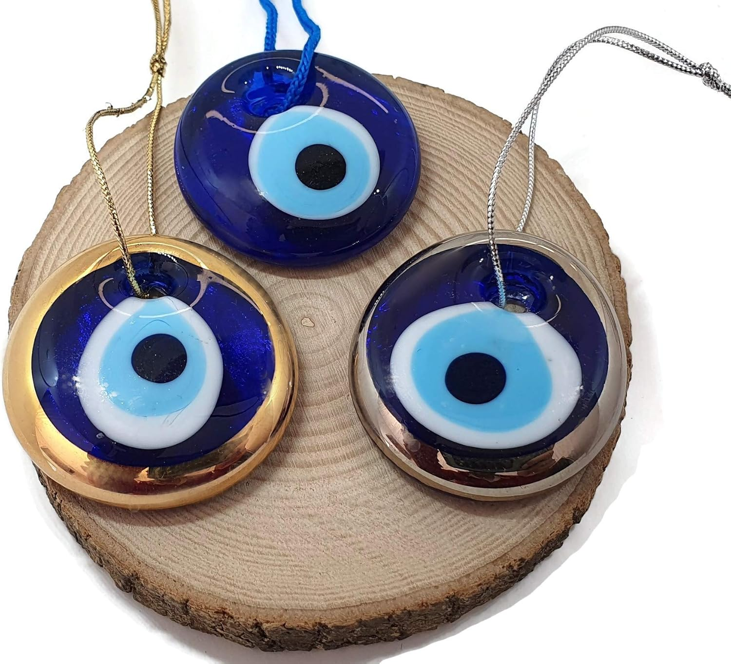 Set of 3 Pcs - New Turkish Glass Evil Eye Wall Hanging Ornament - Home House Car Gift Collectable Good Luck (Multi)