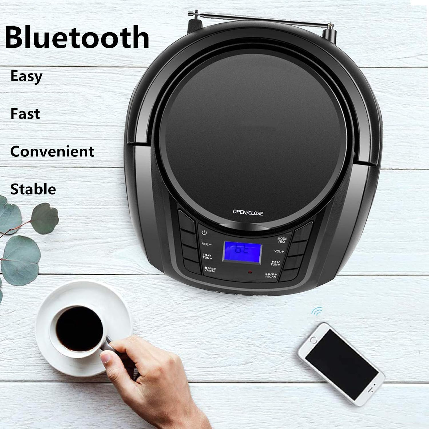 Portable Boombox - CD Player, Bluetooth, USB, MP3, AUX, FM Radio, Portable, Built-In Stereo Speakers, Carrying Handle, LCD Display, Black image number 3