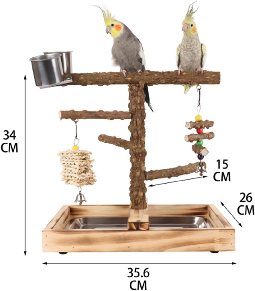 Cozioz Natural Wooden Bird Playground with Removable Tray, 2 Stainless Steel Cups - Ideal Bird Cage Accessories and Perches for Fun and Feeding