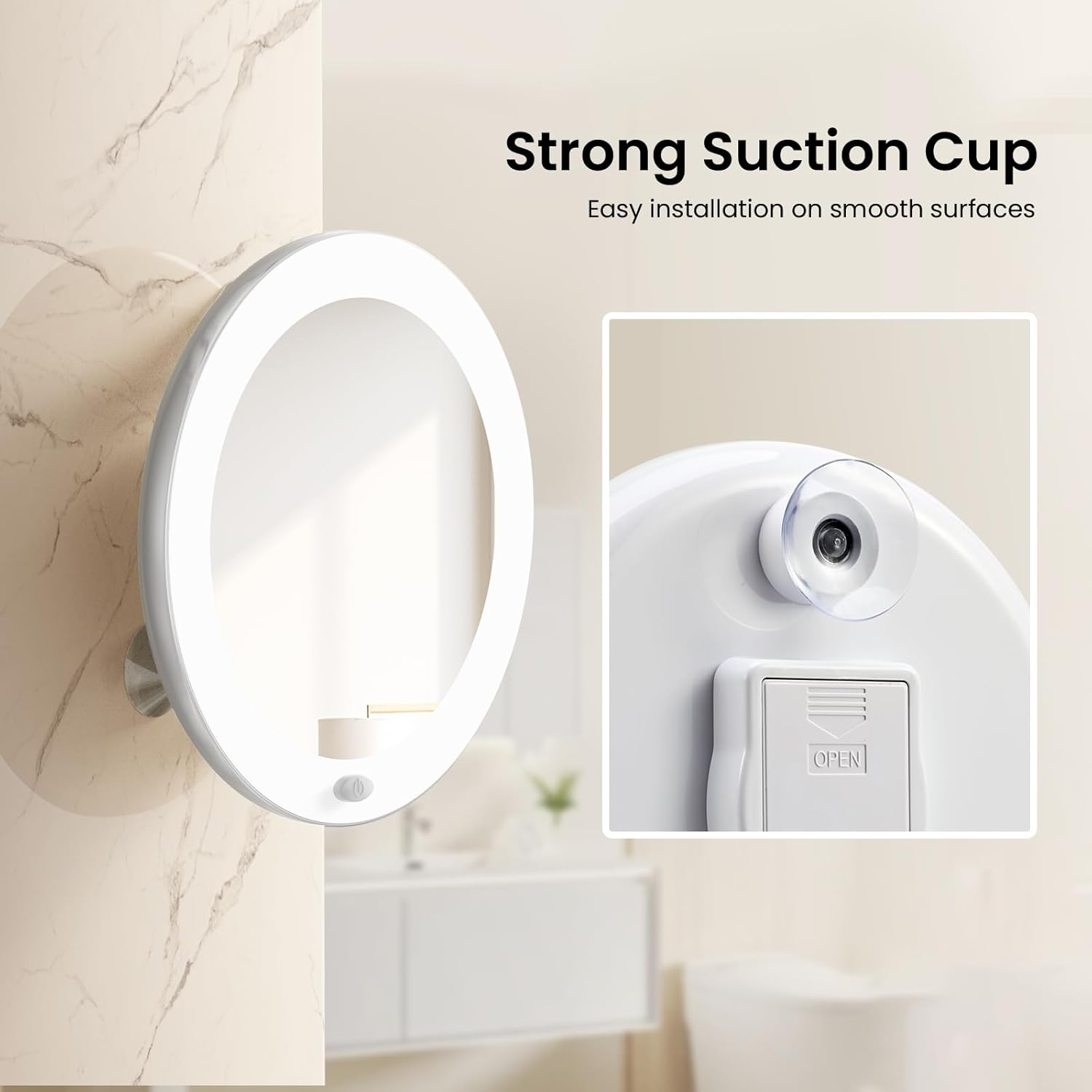 EMKE Led Magnifying Mirror, Compact Mirror with Lights 5X Magnifying Mirror with Suction Cup, Shower Cosmetic Mirror Portable Makeup Mirrors for Travel, Makeup, Shaving, Eyebrows, 167X167Mm image number 2