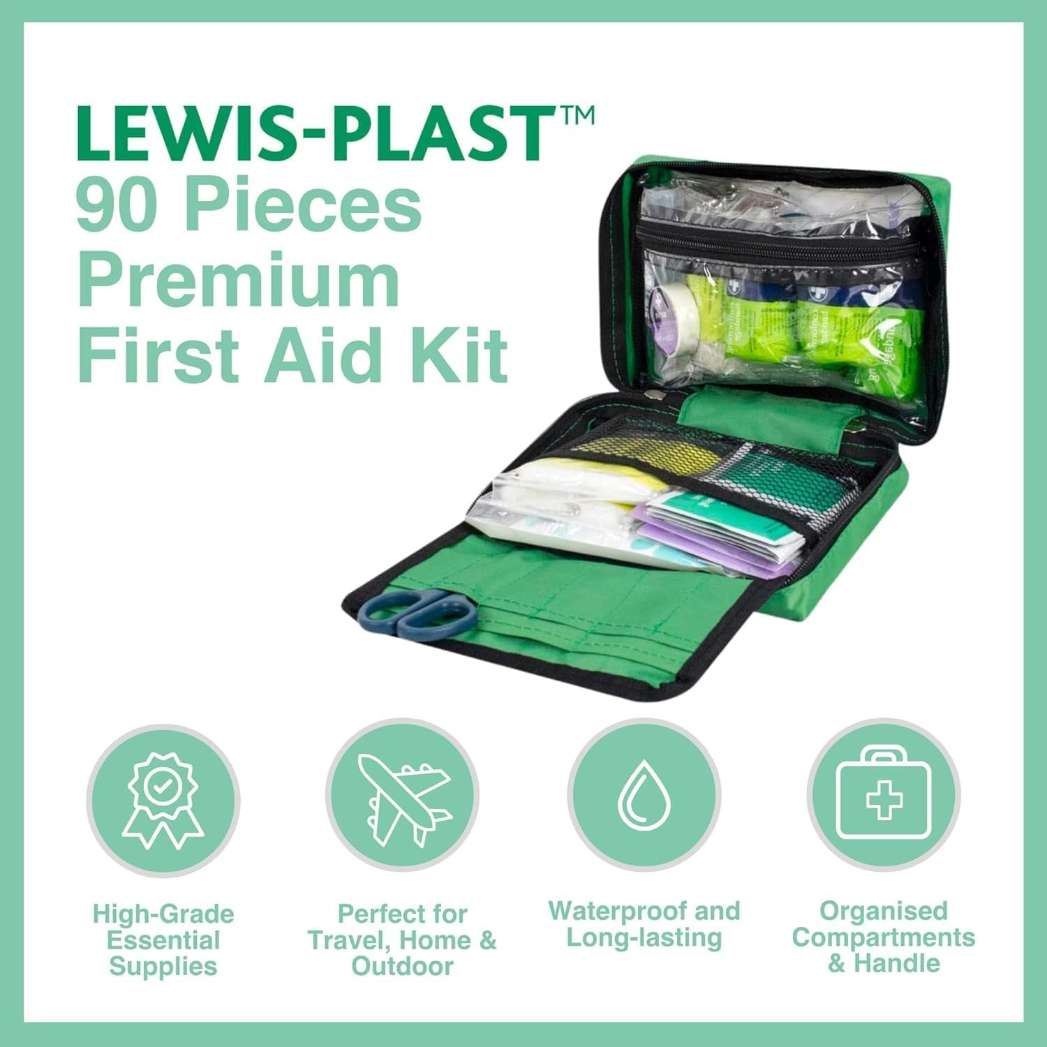 Lewis-Plast Premium First Aid Kit for Home Car Holiday and Workplace - Includes Bandages, Eye Pods, Ice Packs and Essentials for Everyday Situations, 90 Count (Pack of 1) image number 6