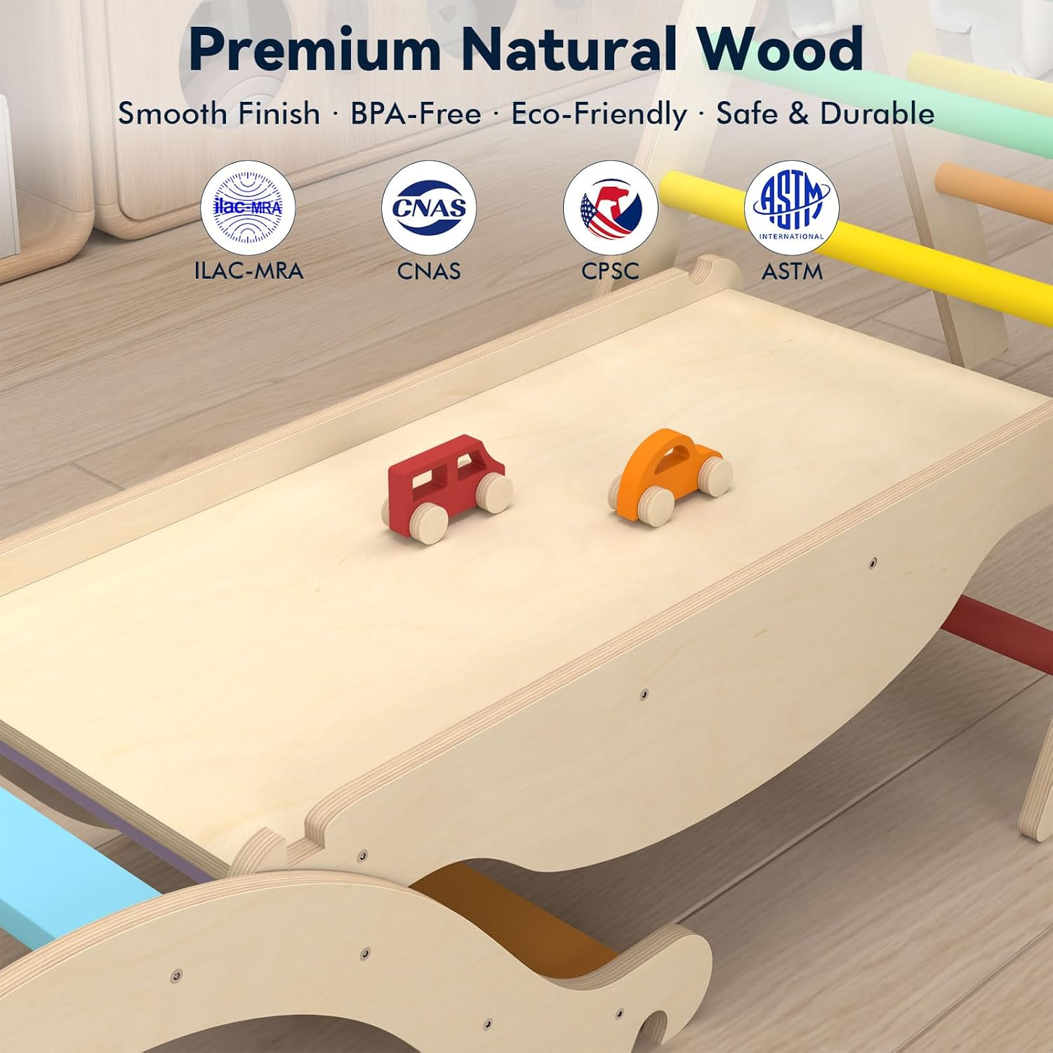 Dinosaur Theme Pikler Triangle Set &ndash; 10 in 1 Montessori Toddler Climbing Toys Indoor Playground with Foldable Wooden Climber with Slide, Rocking Arch, Play Tunnel, Bridge, Table, Indoor Jungle Gym image number 5