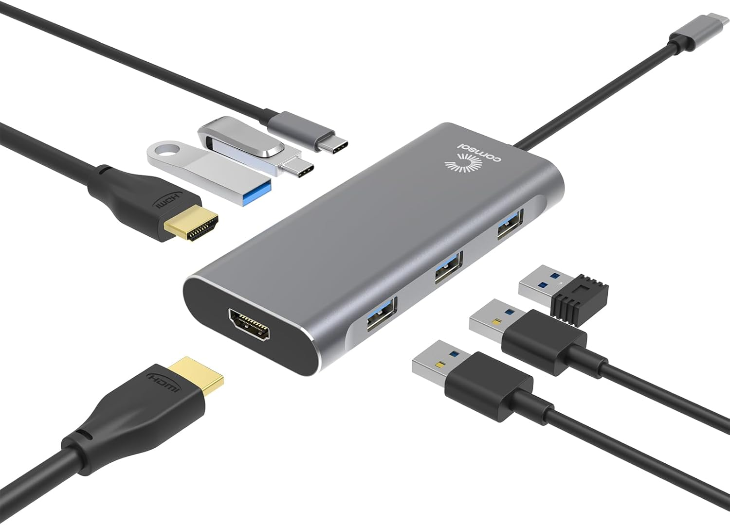 Comsol Universal USB-C Multi-Port Hub Adapter, 8 Ports with HDMI, USB-A 3.0, Power Delivery, Data Transfer image number 3