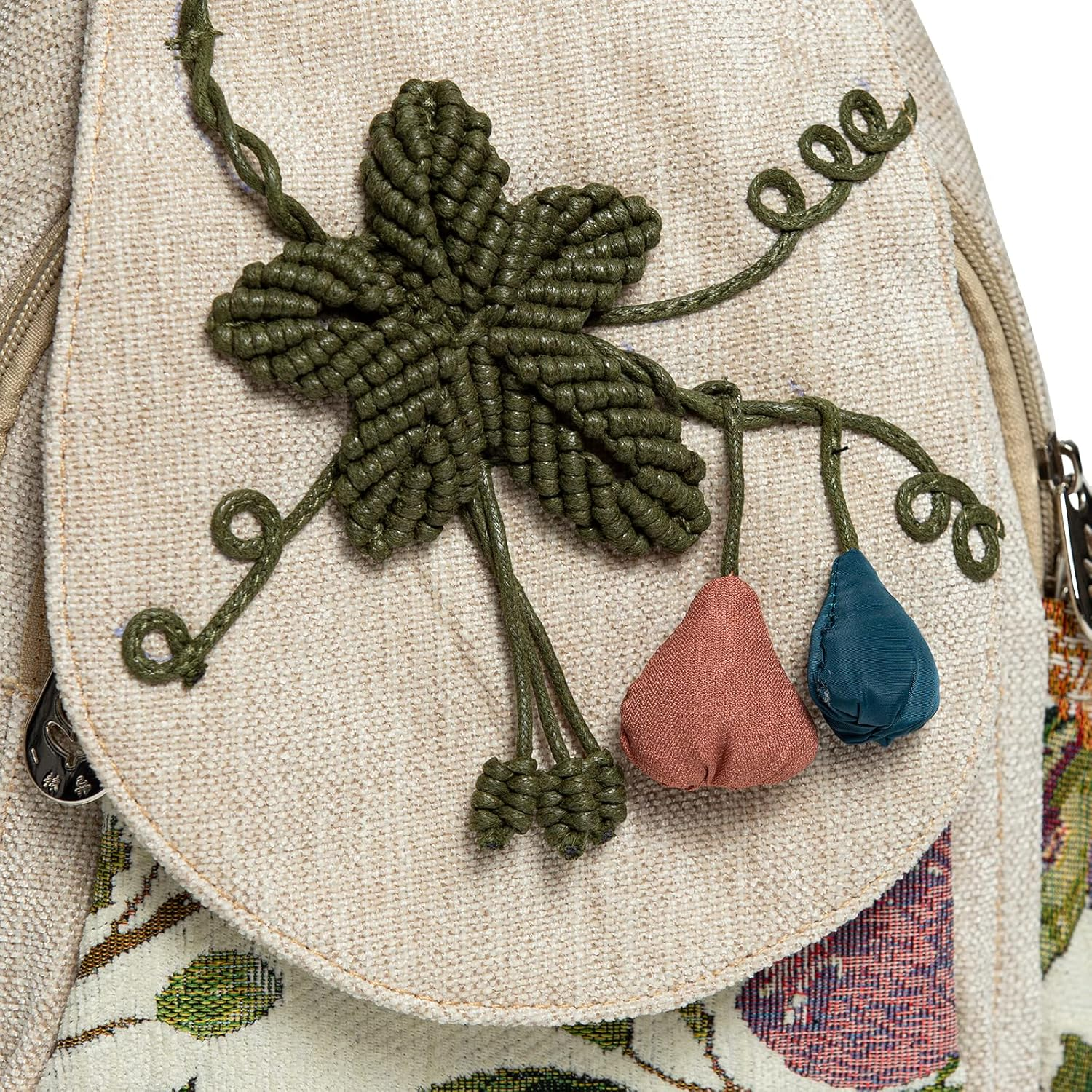 LOZENY Casual Canvas Backpack，Cotton Woven，Versatile Hand-Woven Cotton Linen Bag Small Shoulder Small Fresh Light Fashion Lightweight Cloth Leisure Art Backpack, Green Mist, Small, Handmade Art image number 6