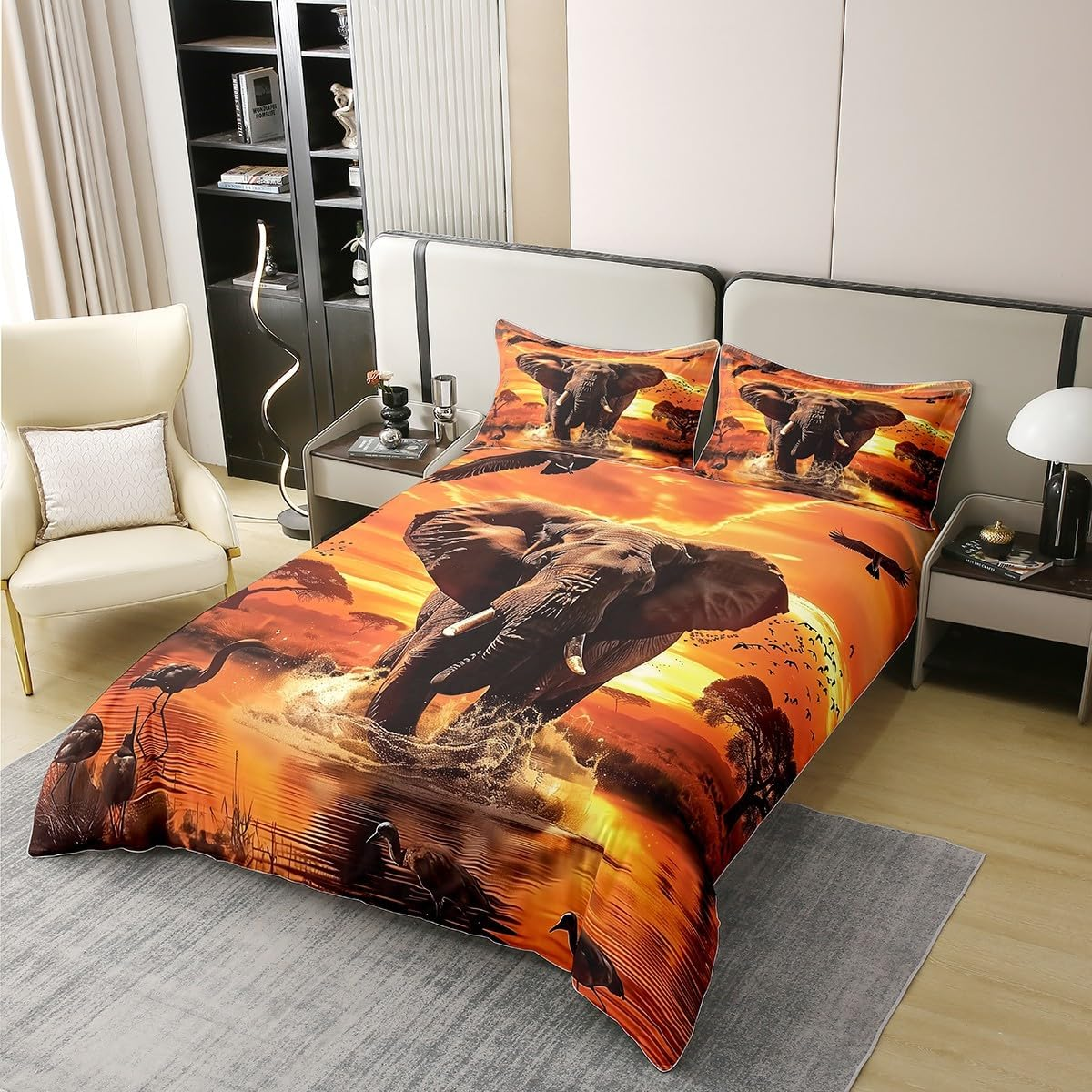 100% Cotton Elephant Bed Linen Set, Sunset Landscape Bed Linen, African Wildlife Duvet Cover 200 X 200.2 Cm Pillowcases, Eagle Comforter Cover, Animal Theme Duvet Cover for Room Decor, Orange image number 6