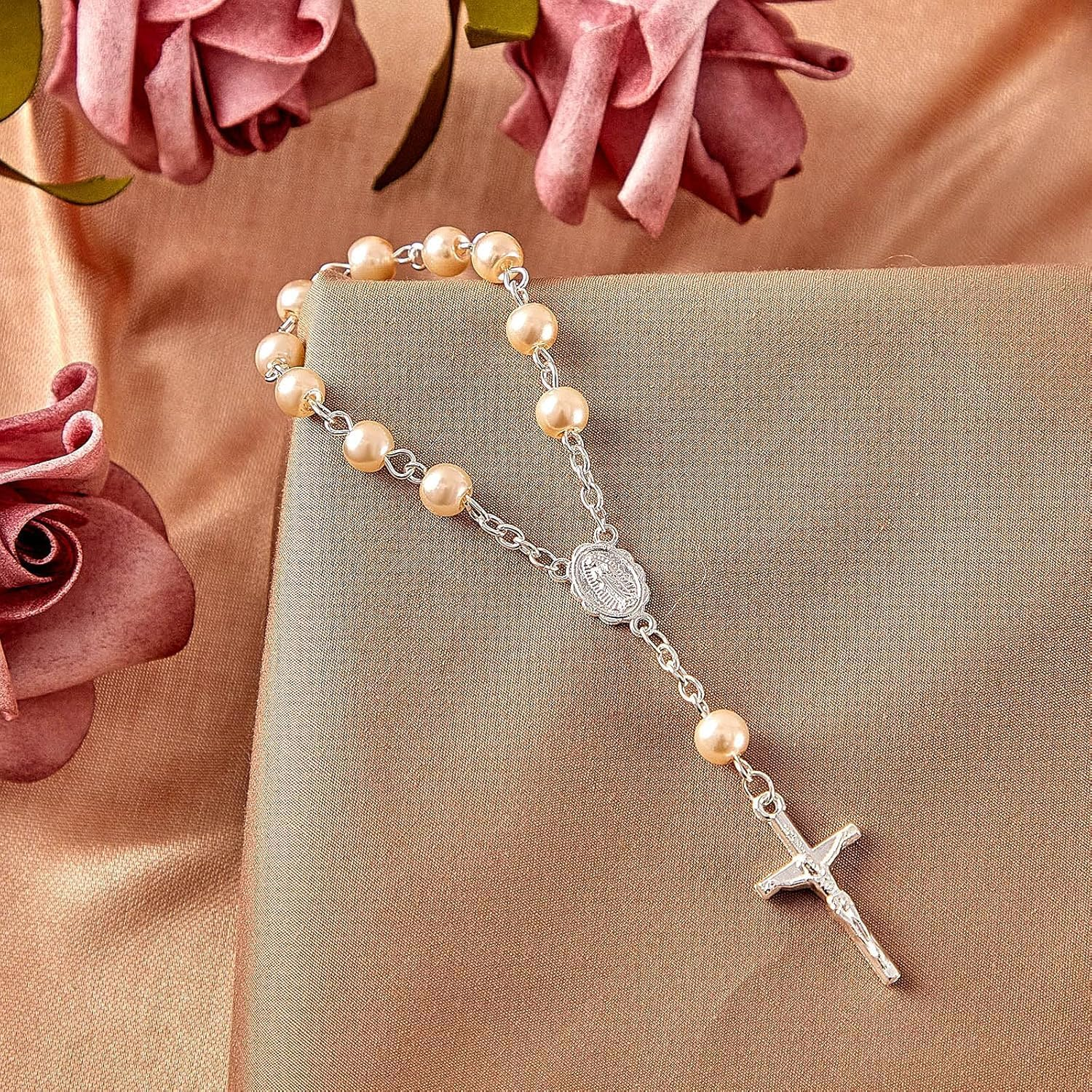 30 Pieces Baptism Rosary Acrylic Rosary Beads Finger Baptism Rosaries Faux Pearls for Baptism Favors Christening Favors Communion Favors Weddings Party Favors, Small, Acrylic Metal image number 1