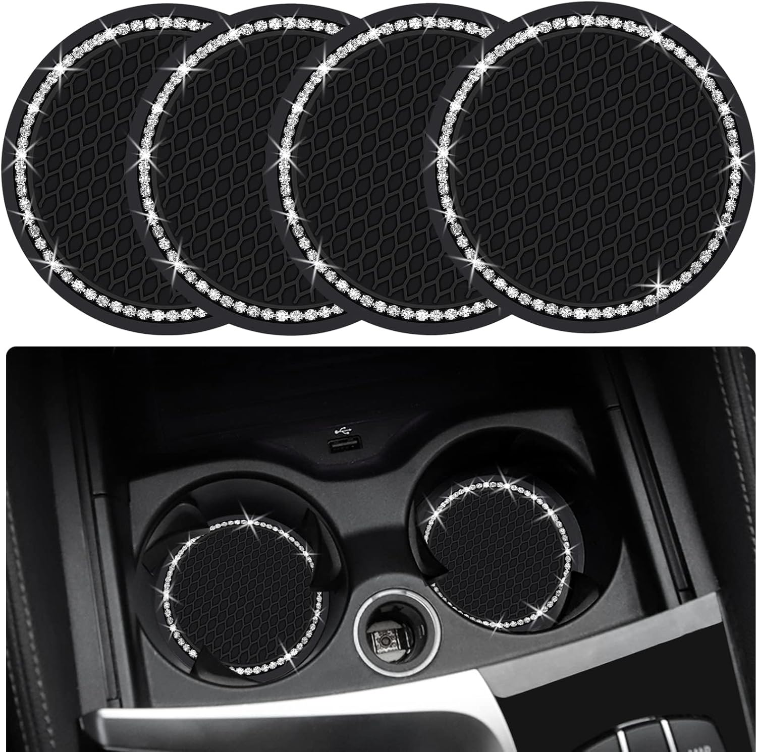 Car Cup Coaster, Universal Bling Crystal Rhinestone Car Cup Insert Coaster, 2.75 Inch Anti-Slip Shockproof Cup Mat, Auto Drink Pad Car Interior Accessories for Women Men (Black)