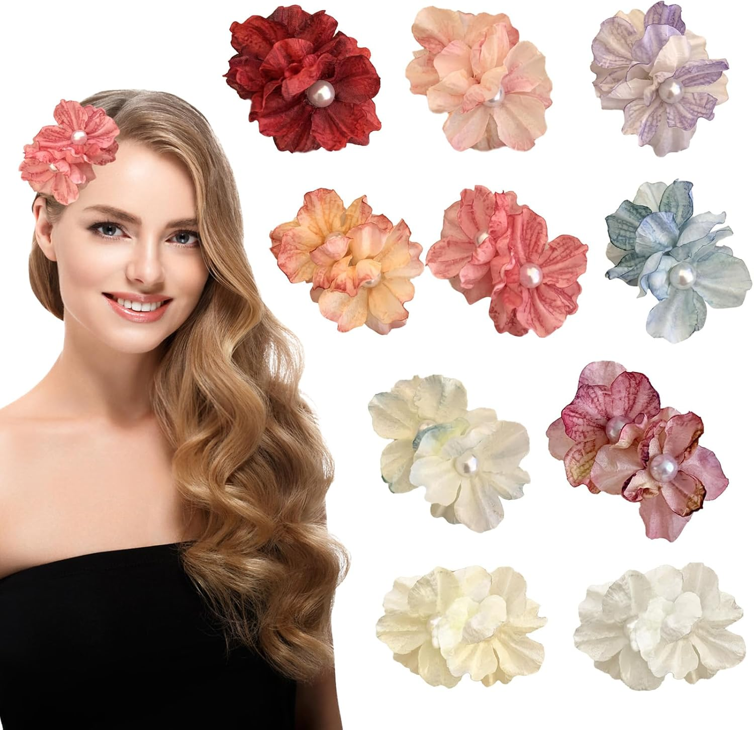 BSITSSS 10 Pieces Flower Hair Clips, Colorful Peony Pearls Hairpin, Artificial Flower Hair Pins for Women Girls Summer Hawaiian Beach Wedding Hairs Accessories image number 2