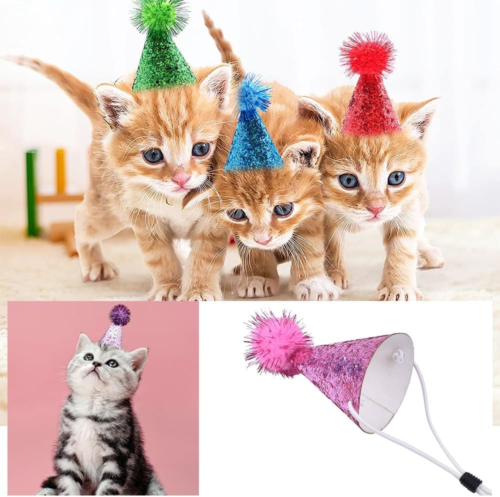10 Packs Cat Birthday Hat, Dog Party Hats, Multi-Color Cat Hats, Mini Party Hats, Pompoms Shiny Birthday Party Adjustable Headbands Birthda for Small Animals Friends (Chroma) image number 4