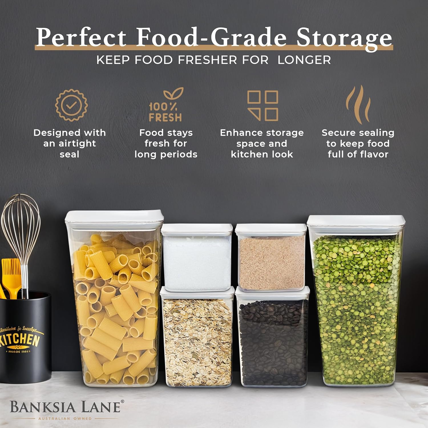 Banksia Lane&reg; Pop Top Airtight Containers - Set of 6, 2X 1200Ml, 2X 2000Ml, 2X 2700Ml Pantry Storage Containers with Push Top Lids - Airtight Food Storage Containers for Kitchen Organisation image number 5