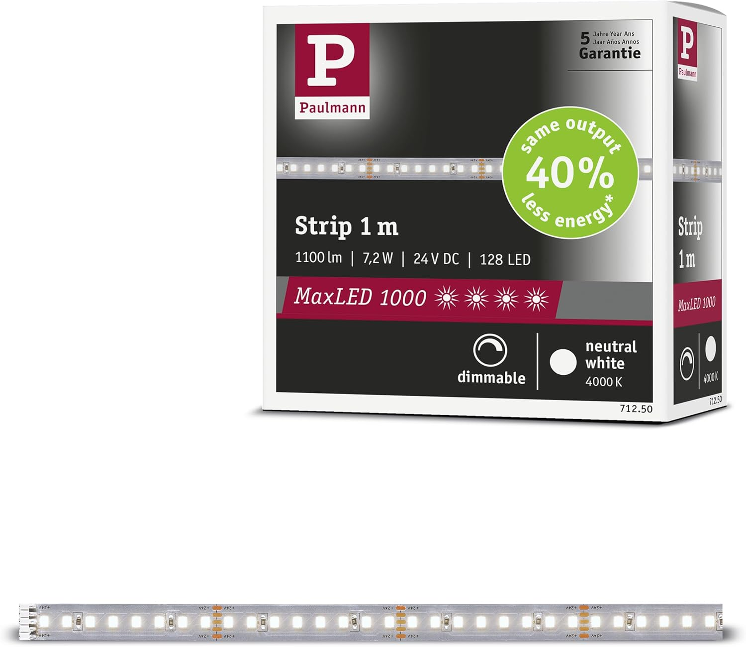 Paulmann 71250 Maxled 1000 LED Strip Neutral White Individual Strip 1M 7,2W 1100Lm/M 128 Leds/M 4000K image number 6