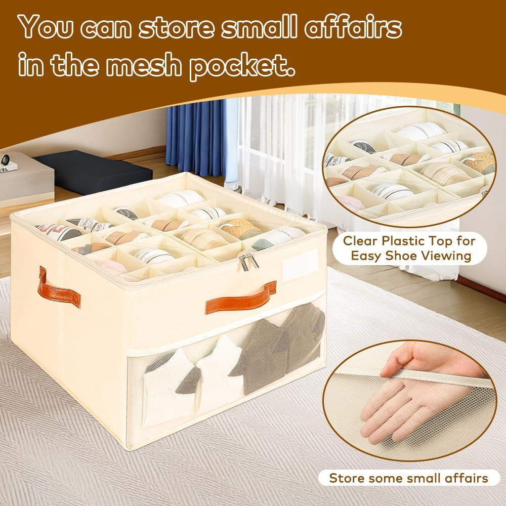 Shoe Storage Box with 16 Bags, TINY SPARK Foldable & Adjustable Organiser with Clear Cover and Leather Handles, Fits 8-16 Pairs, Beige, 43&times;43&times;31Cm (16.9&times;16.9&times;12.2In) image number 3