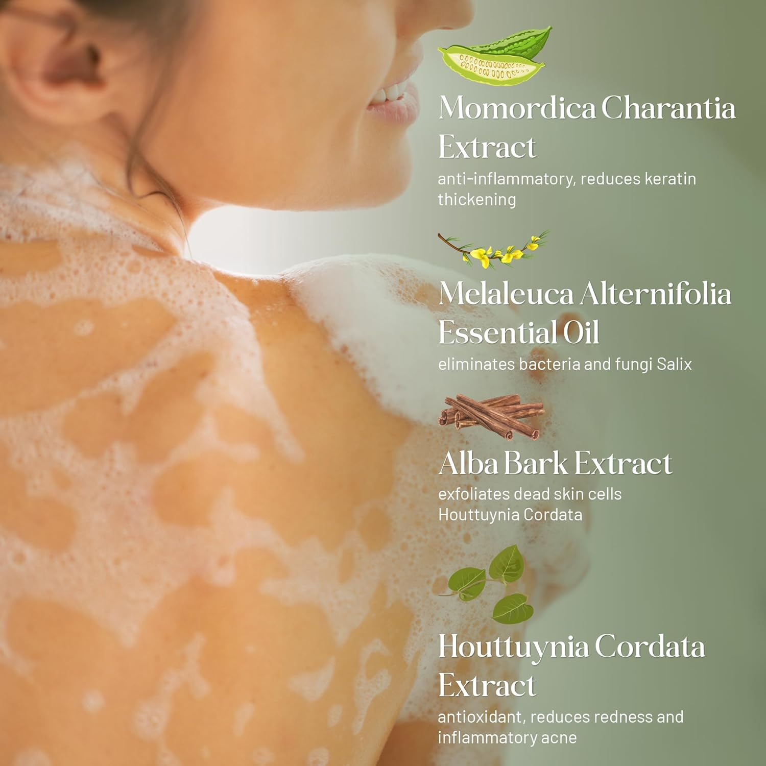 ABERA BHA Body Wash for Folliculitis & Body Acne &ndash; Wild Bitter Melon Extract, Exfoliating Shower Gel for Clear & Smooth Skin, 300Ml image number 6