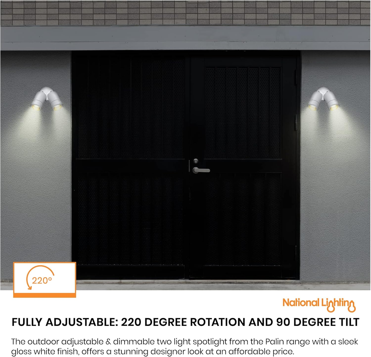 National Lighting IP44 Rated Outdoor Twin Spotlights, Gloss White Steel Adjustable Tilt outside Lights, Mains Powered Security Spot Lights, 2X 7W 240V LED GU10 (Not Included) image number 2