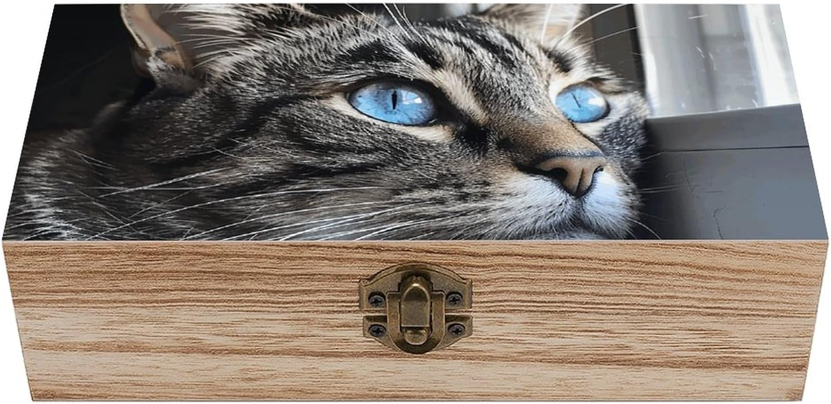 Blue Eyed Cat Wooden Box Wood Wedding Keepsake Boxes with Lids Small Decorative Boxes Lightweight Wooden Memory Storage Box for Crafts Keepsakes Jewelry Photo Letter Storage image number 2