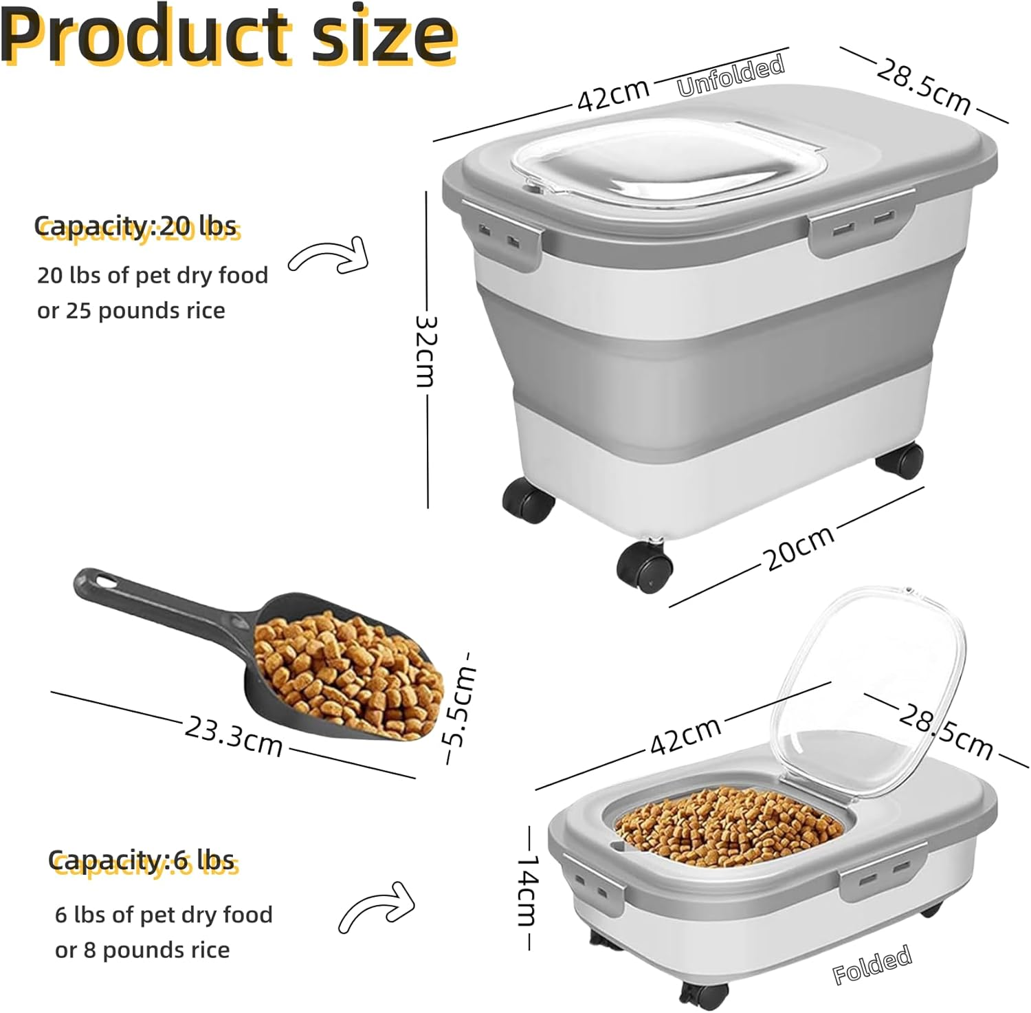 CHIEFAWAY 20L Collapsible Dog Food Container with Casters and Scoop, Food Storage Container Make Dry Food Fresh, Airtight Pet Dog Cat Dry Food Storage Bin Dispenser, Easy to Move image number 6