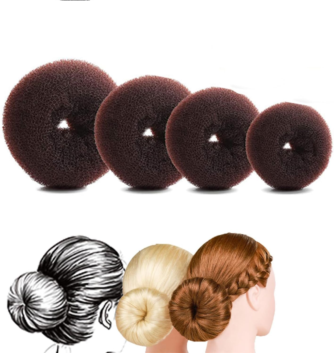 Donut Hair Bun Maker Set - 7 Pieces (Extra-Large, Large, Medium, Small), 5 Elastic Bands, 30 Pins, Dark Brown